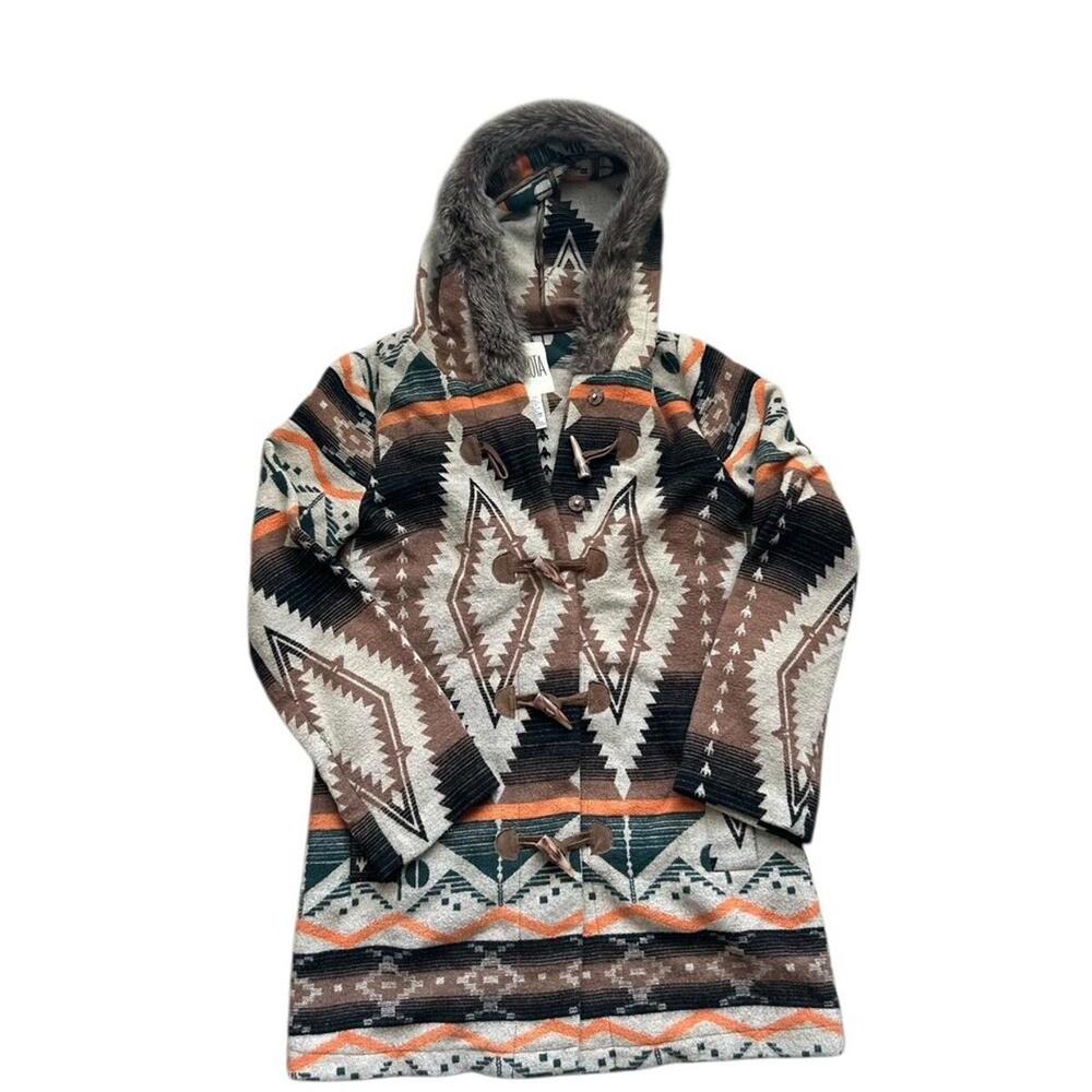 BB Dakota Jacket Size S Southwest Aztec Toggle Faux Fur Hooded Coat Jacket Indie